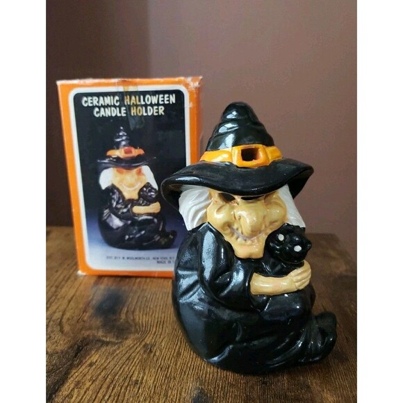 Halloween Witch Ceramic Candle Holder Vintage Black Cat Woolworth Tea Light Box - Picture 3 of 12